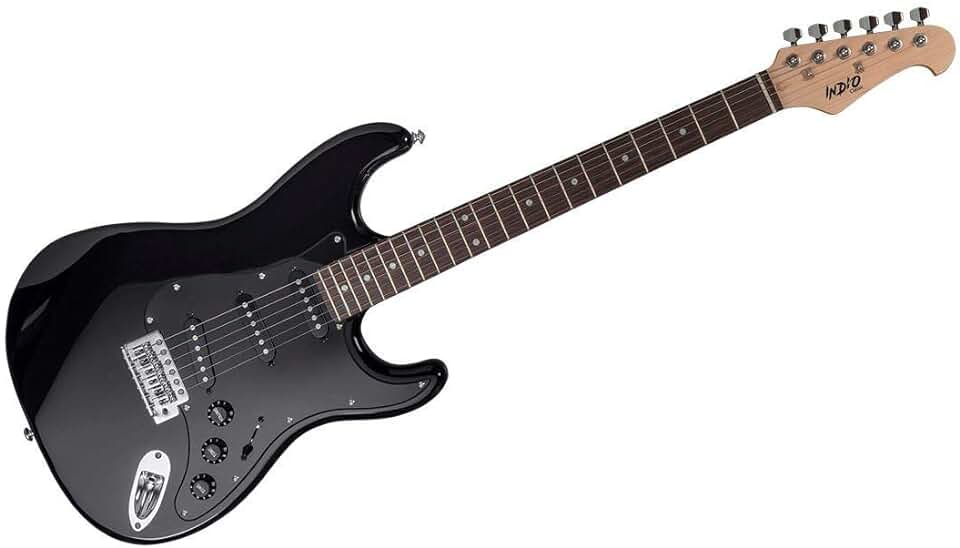 Monoprice Cali Classic Electric Guitar – Black, 6 Strings, Double-Cutaway Solid Body, Right Handed, SSS Pickups, Full-Range Tone, With Gig Bag, Perfect for Beginners – Indio Series