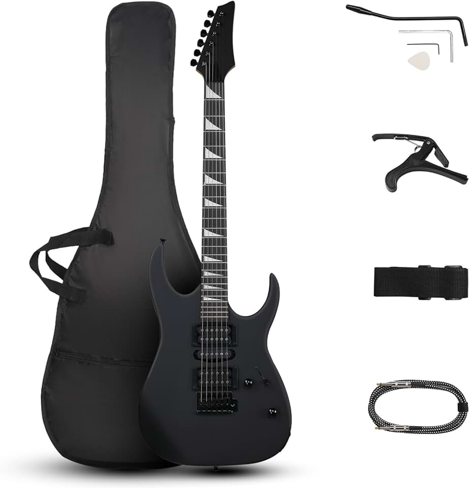 Ktaxon Full-Size Electric Guitar, Solid Body HSH Pickups 170 Guitar Beginner Kit with Gig Bag, Shoulder Strap, Tremolo Arm, Upgrade Cable, Guitar Capo All Accessories (Matte Back)