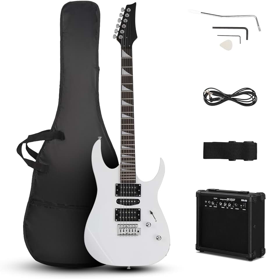 Ktaxon 39″ Electric Guitar with 20Watt Amp, Full Size 170 Model Starter Guitar Kit for Beginners & Professional W/Bag, Shoulder Strap, Wrench Tool, Plectrum – White