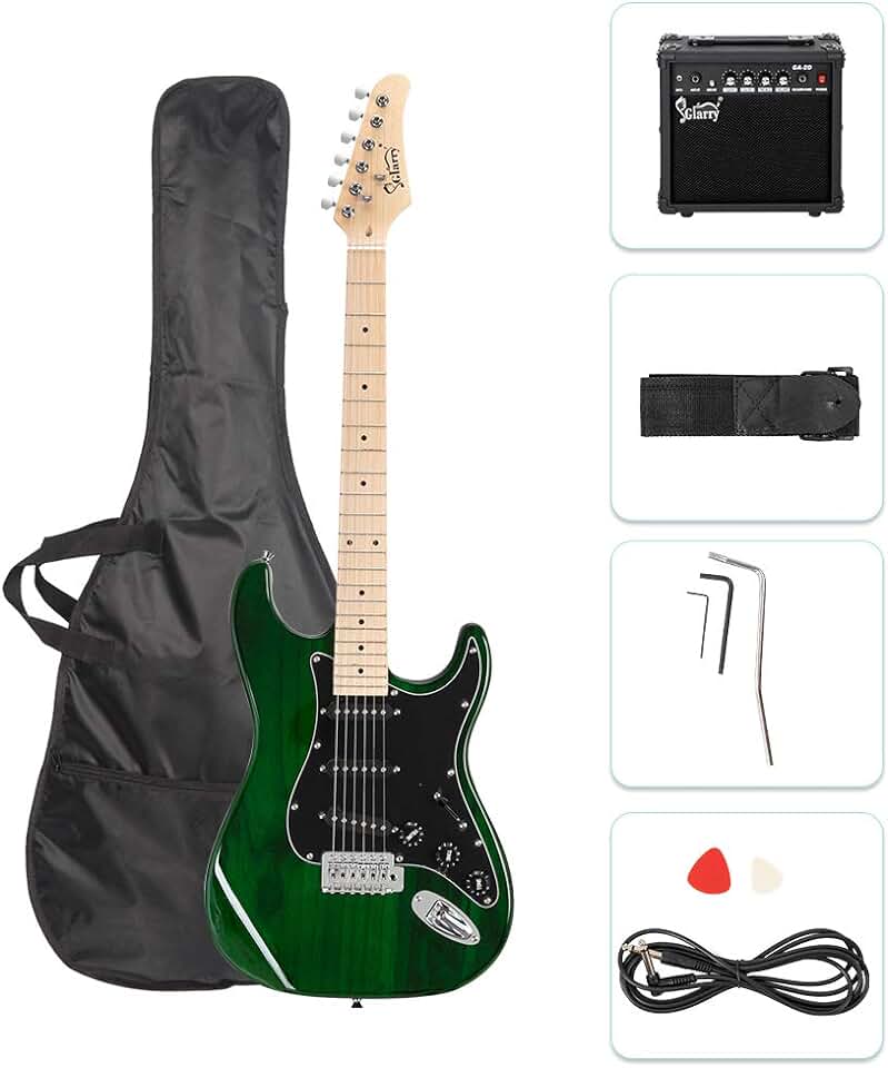 GLARRY Full Size Electric Guitar for Music Lover Beginner with 20W Amp and Accessories Pack Guitar Bag (Green)