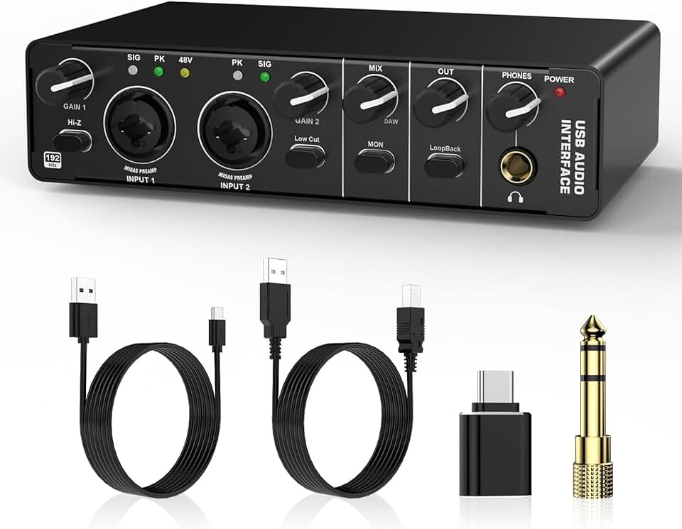 RHM USB Audio Interface, 2 In 2 Out Audio Interface with 48V Phantom Power