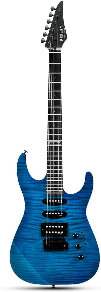 Electric Guitar, Full Size Solid Body Electric Guitar Beginner Kit, HSS Pickup With Coil Split, Poplar Body Flame Maple Top Maple Neck With Gig Bag, Cable, Strap, Tuner, FDK800, Blue