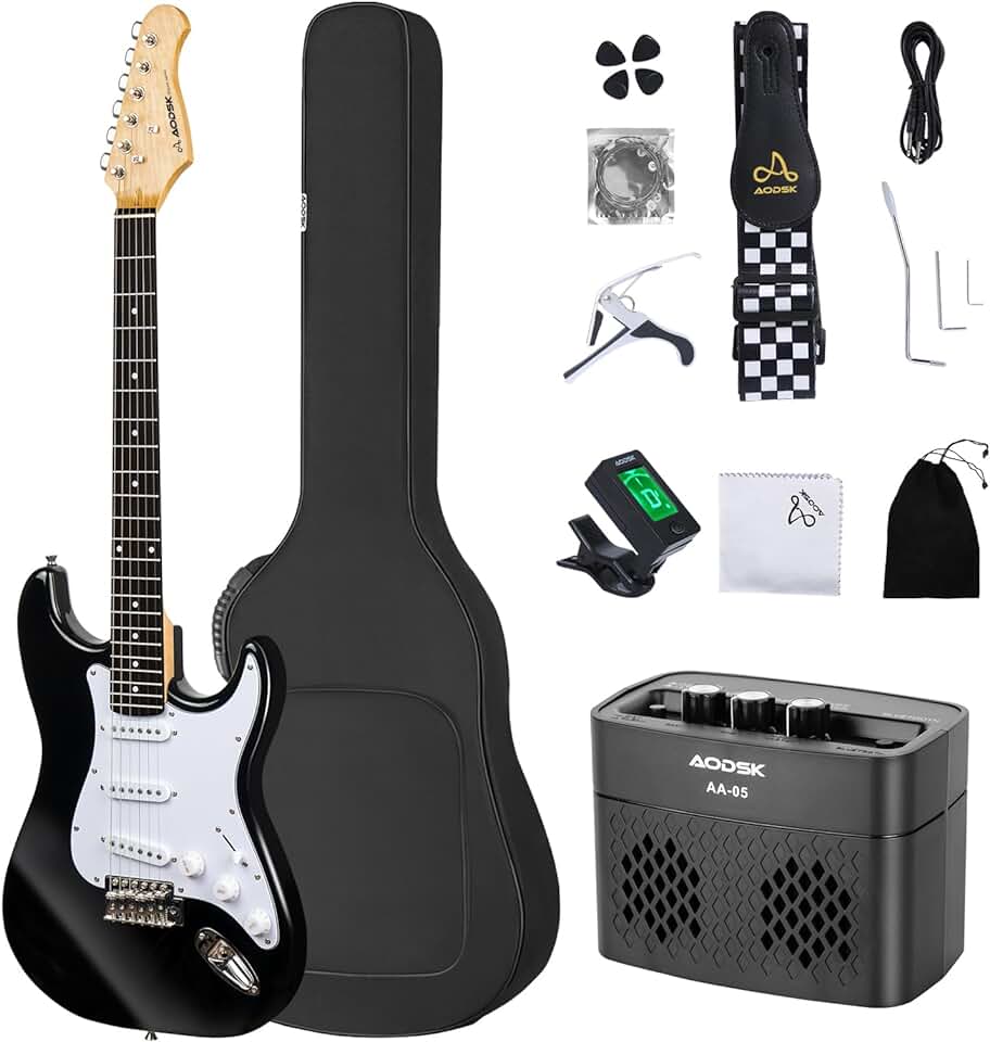 Electric Guitar with Amp Beginner Kit 39 Inch Solid Body Full Size,SSS Pick Up,All Accessories,Digital Tuner,Six Strings,Four Picks,Tremolo Bar,Strap,Gig Bag,Starter kit -Black