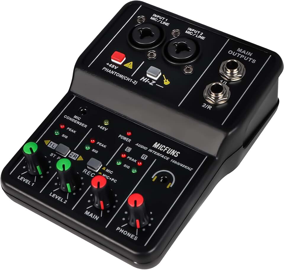 Mini 2 channel audio DJ mixer console interface with 48V phantom power
