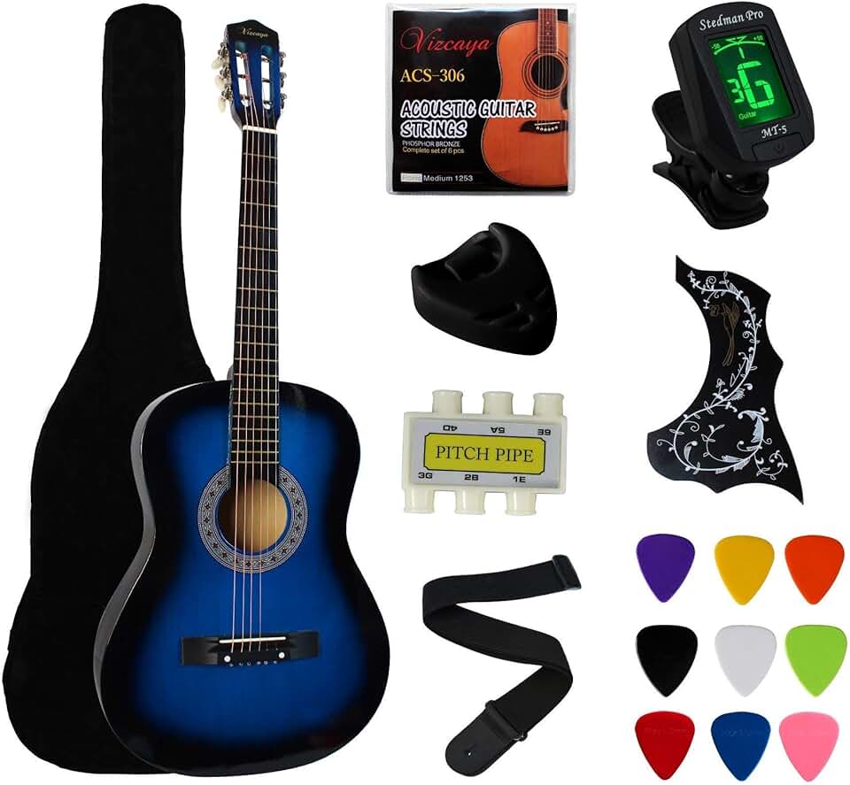 38″ Blue Beginner Acoustic Guitar Starter Package Student Guitar with Gig Bag,Strap, 3 thickness 9 Picks,2 Pickguards,Pick Holder, Extra Strings, Electronic Tuner -Blue