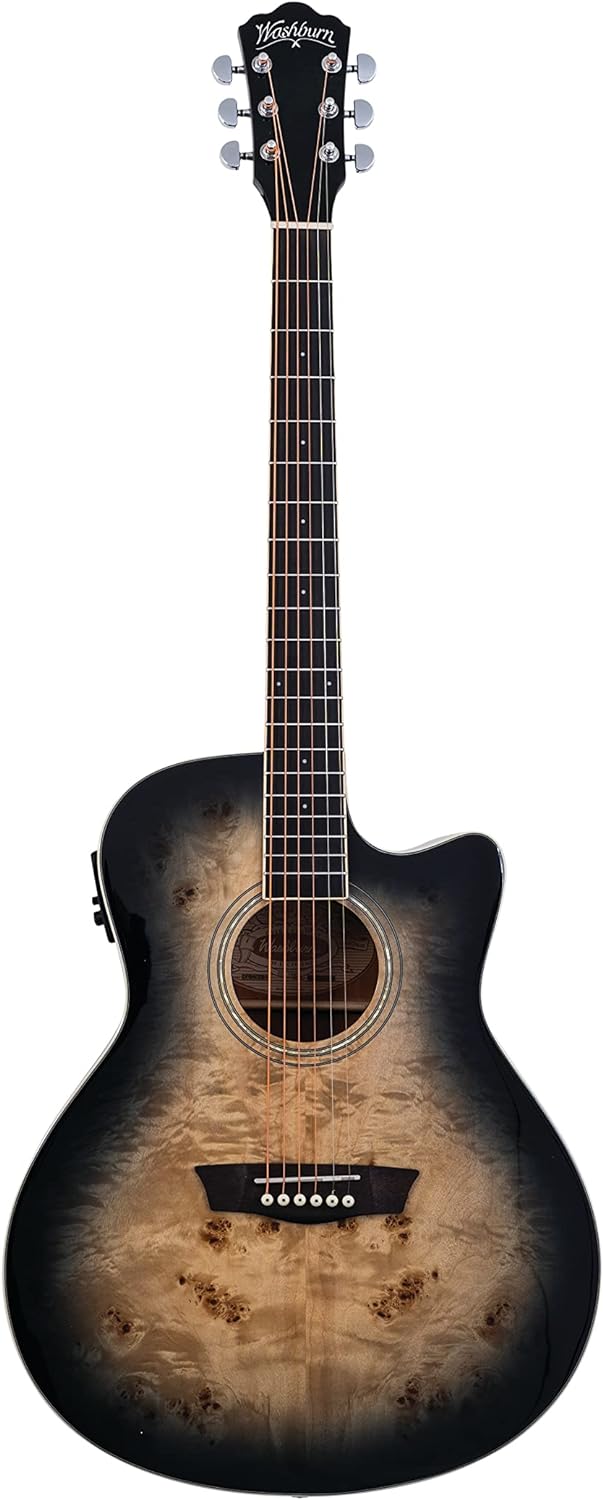 Washburn Deep Forest Burl 6 String Acoustic-Electric Guitar, Right, Black Fade (DFBACEB)