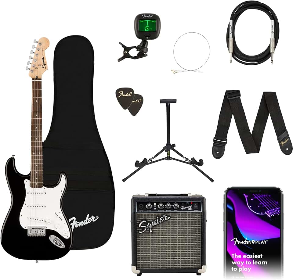 Stratocaster Electric Guitar Kit with Amp, Bag, Strap – Fender Squier, Poplar Body, Laurel Fingerboard