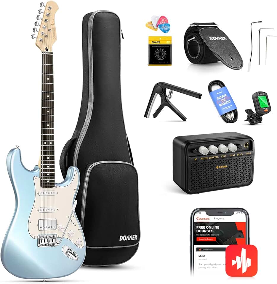 Donner DST-152R Electric Guitar, 39″ Beginner Electric Guitar Kit, HSS Pickup with Coil Split, Guitar Starter Set with Amp, Bag, All Accessories, Metallic Ice Blue
