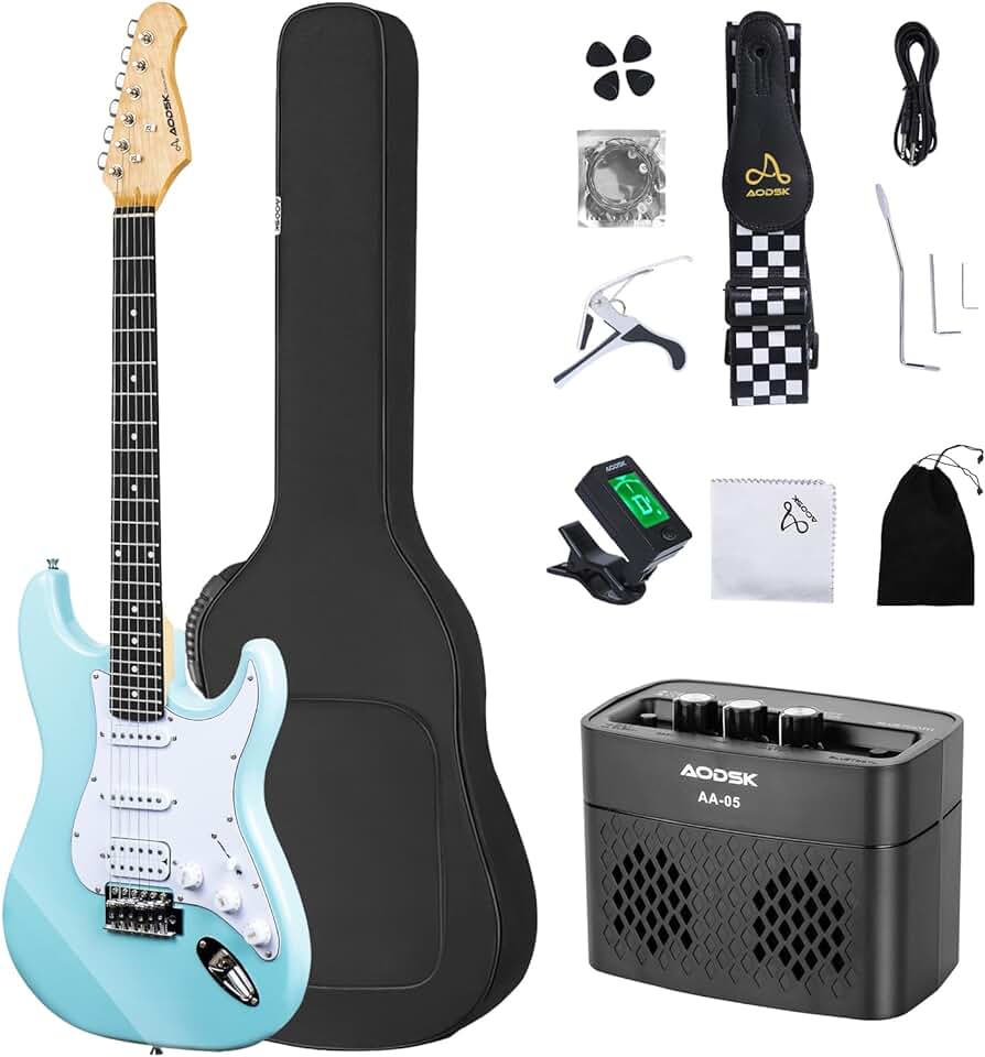 Electric Guitar with Amp Beginner Kit 39 Inch Solid Body Full Size,HSS Pick Up,All Accessories,Digital Tuner,Six Strings,Four Picks,Tremolo Bar,Strap,Gig Bag,Starter kit -Blue