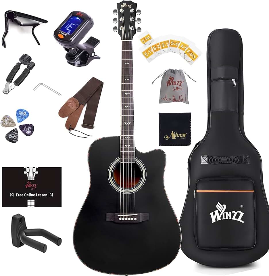 WINZZ 6 Steel-String, Spruce Acoustic Guitar Bundle for Adult Beginners Students with Advanced Kit, Right Hand, Black, 41 Inches (AF168C-41-BK-V)