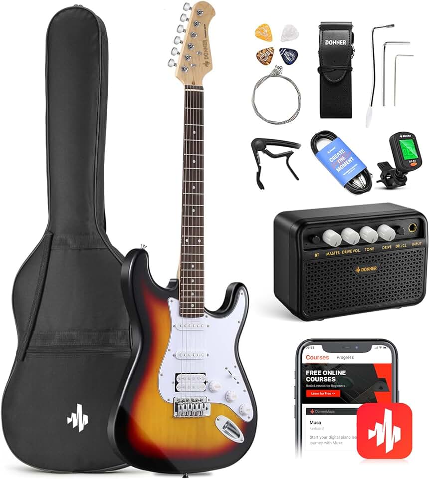 Donner DST-100S 39 Inch Full Size Electric Guitar Kit Solid Body Sunburst, Beginner Starter, with Amplifier, Bag, Capo, Strap, String, Tuner, Cable, Picks
