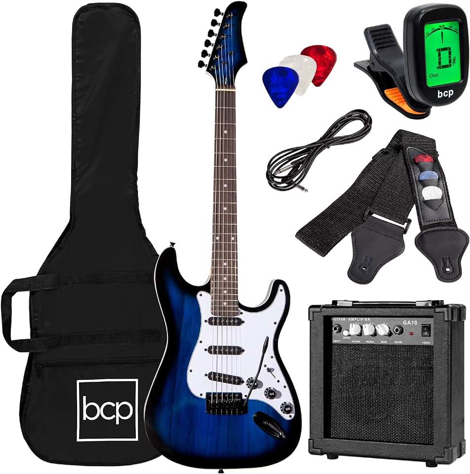 Best Choice Products 39in Full Size Beginner Electric Guitar Starter Kit w/Case, Strap, 10W Amp, Strings, Pick, Tremolo Bar – Hollywood Blue