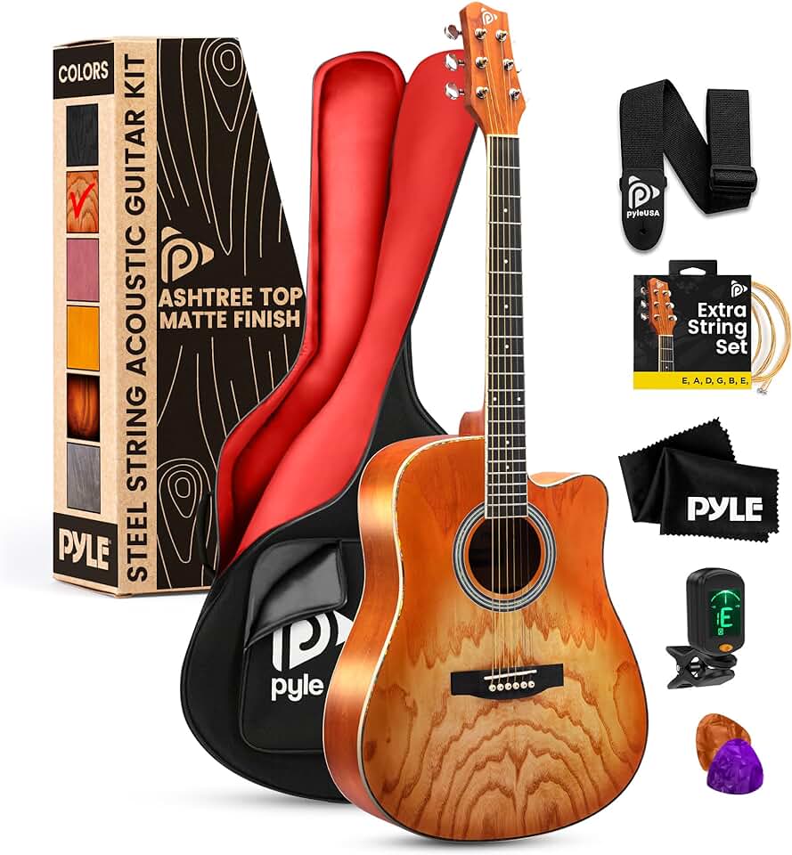 Pyle Steel String Acoustic Guitar Kit, 41″ Full Size Cutaway with Ashtree Top, Open Pore Finish, Premium Accessory Set with Armored Gig Bag, Cherry Burst Matte