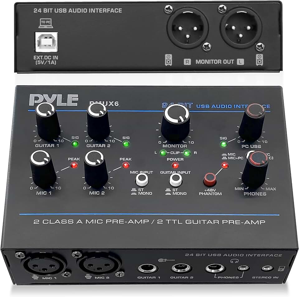 Pyle Professional PMUX6 USB Audio Interface with MIC, Guitar, AUX Stereo Inputs, Phone/Monitor Outputs