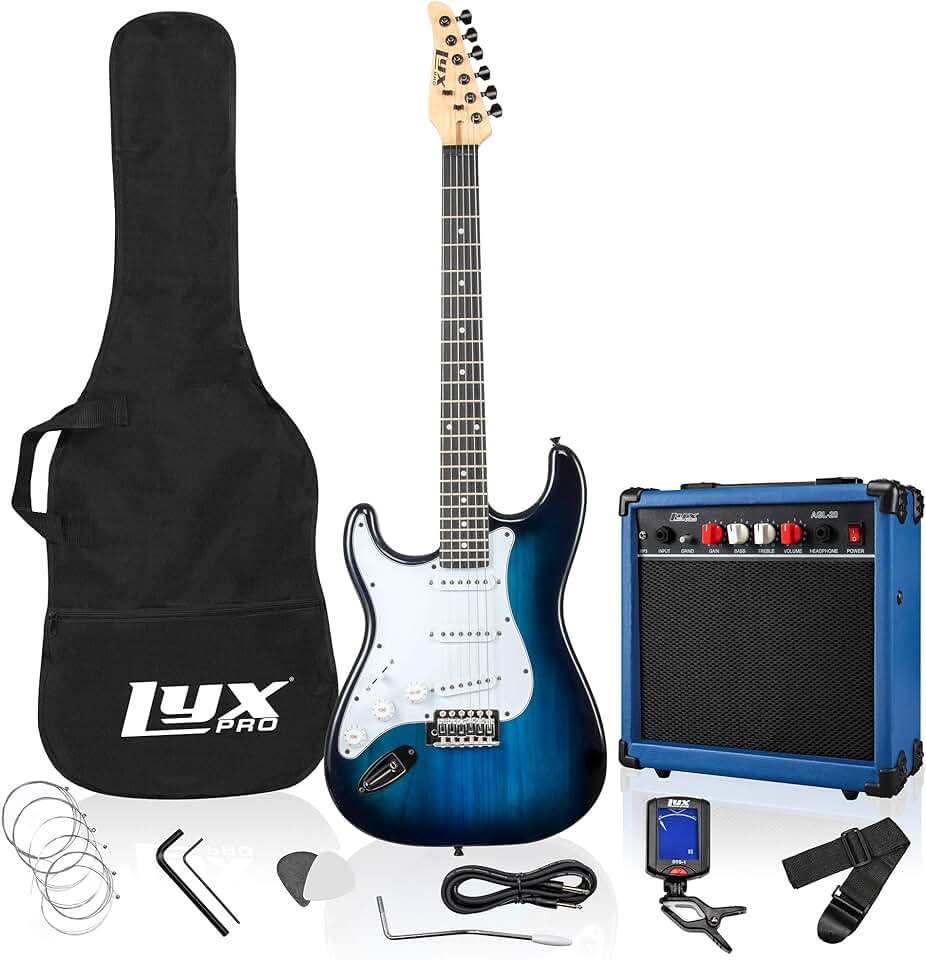 LyxPro Left Hand 39 Inch Electric Guitar and Starter Kit for Lefty Full Size Beginner’s Guitar, Amp, Six Strings, Two Picks, Shoulder Strap, Digital Clip On Tuner, Guitar Cable and Soft Case – Blue