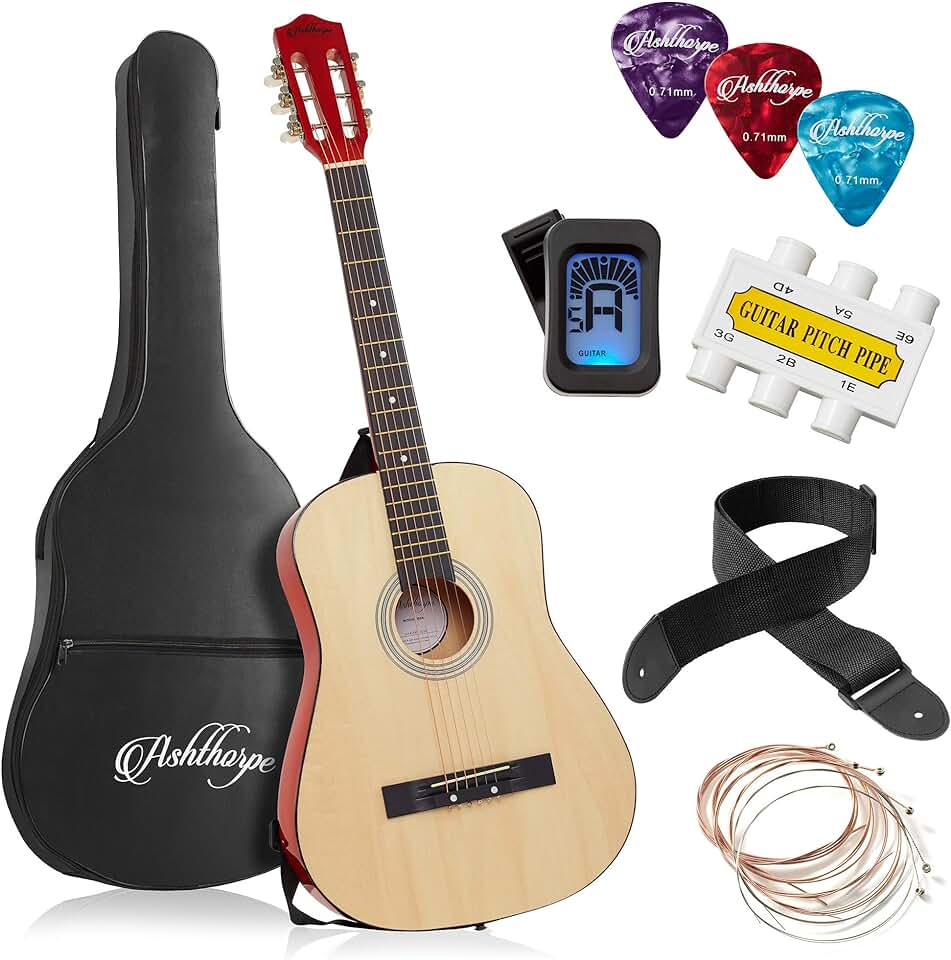 Ashthorpe 38-inch Beginner Acoustic Guitar Package (Natural), Basic Starter Kit w/Gig Bag, Strings, Strap, Tuner, Pitch Pipe, Picks