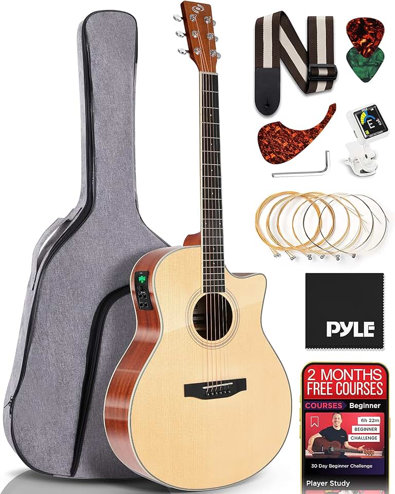 Pyle Premium Electric Acoustic Guitar Kit, Spruce Top and Mahogany Sides Full Size Dreadnought Cutaway, Steel String, with Upgraded Gig Bag, 4-Band EQ, Rechargeable Tuner, 41” Natural Matte