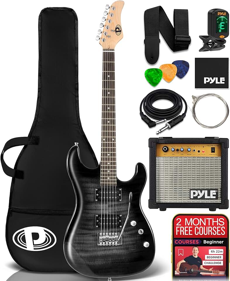 Pyle Electric Guitar Kit with Amp, Full Size Instrument with Humbucker Pickups, Guitarra Electrica Amplifier and Beginner Bundle Accessories, 39″ Black
